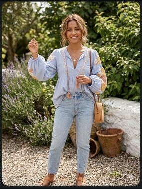 ZARA Woman Boho Embroidered Gingham Blouse - light Blue & White